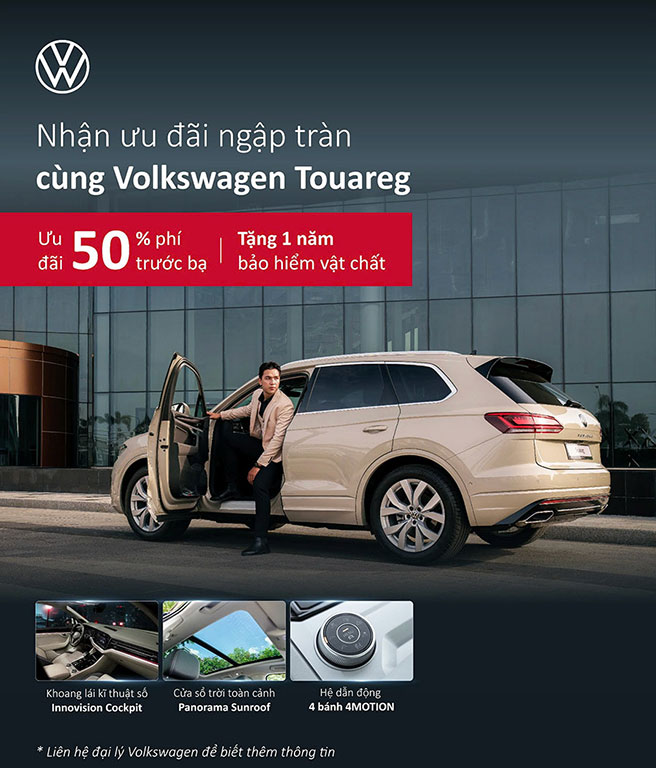 Volkswagen Touareg hỗ trợ 50% phí trước bạ và tặng 1 năm bảo hiểm vật chất, với 2 phiên bản giá mới Touareg Elegance là 2,699 tỷ đồng và Touareg Luxury là 3,099 tỷ đồng